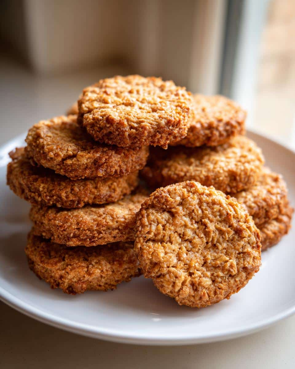 A stack of golden brown, textured butter oat dog treat cookies piled high on a white plate.