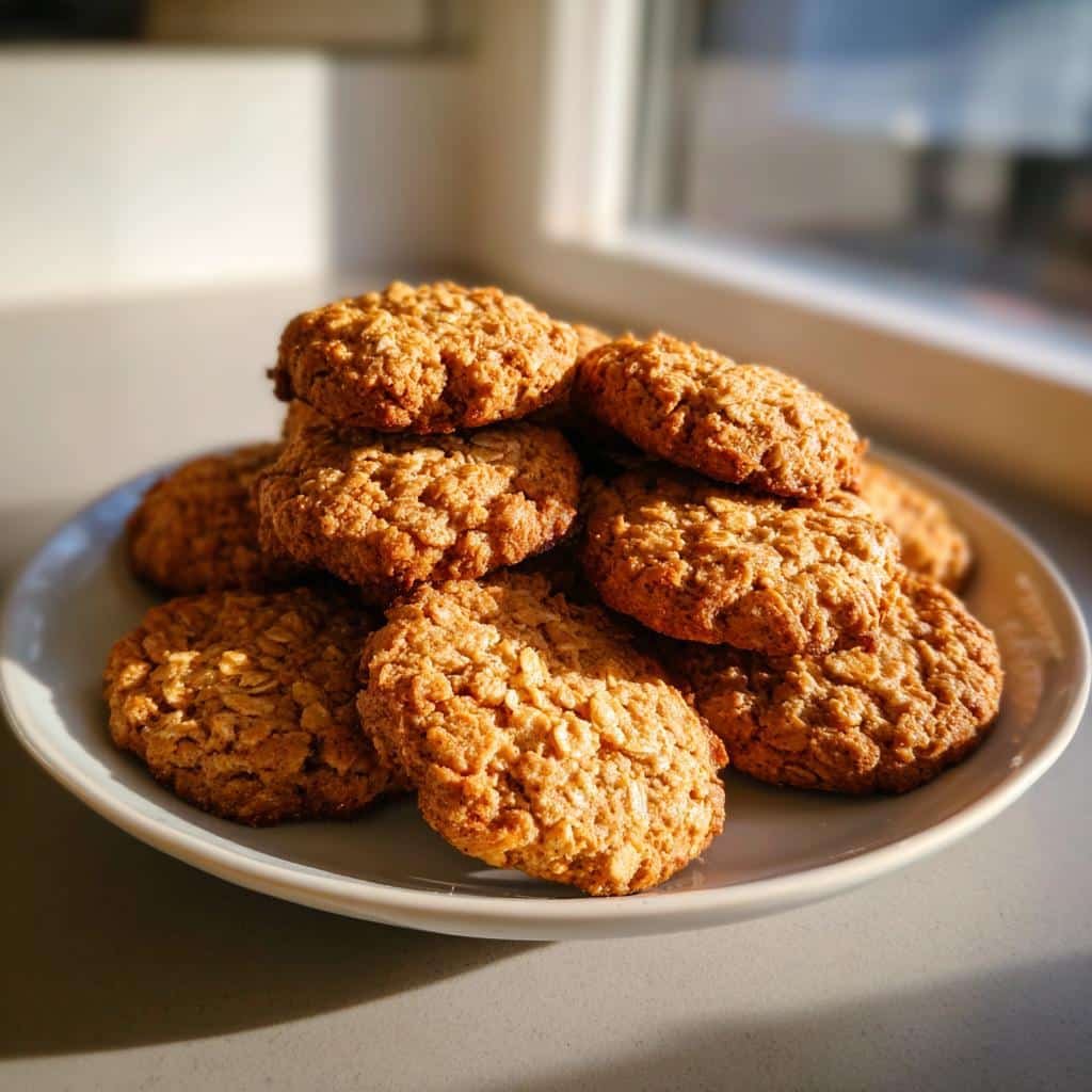 A stack of golden brown, textured butter oat dog treat cookies piled high on a light blue plate.