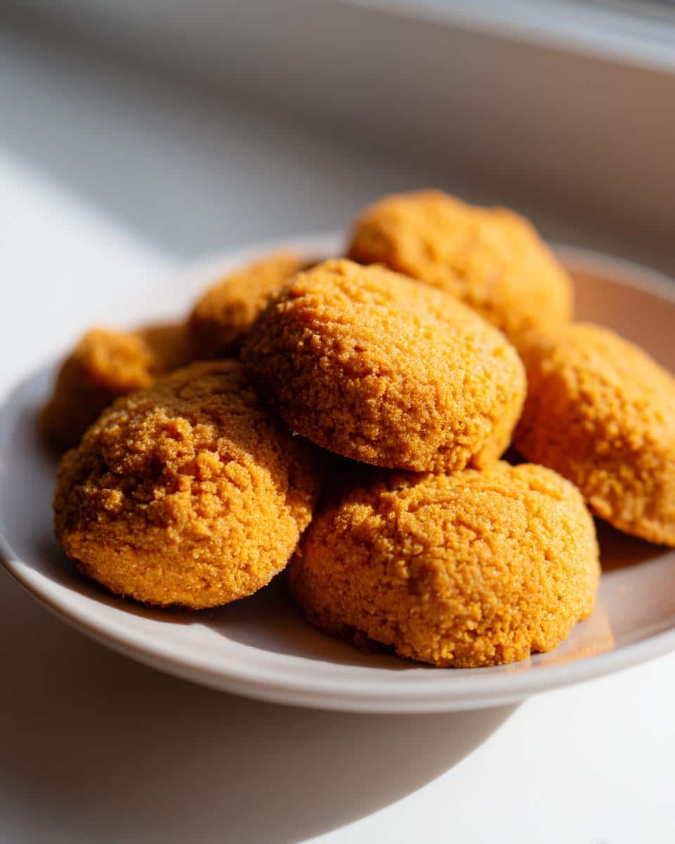 A close-up of several golden-orange Butternut Squash Dog Treats piled on a light-colored plate.