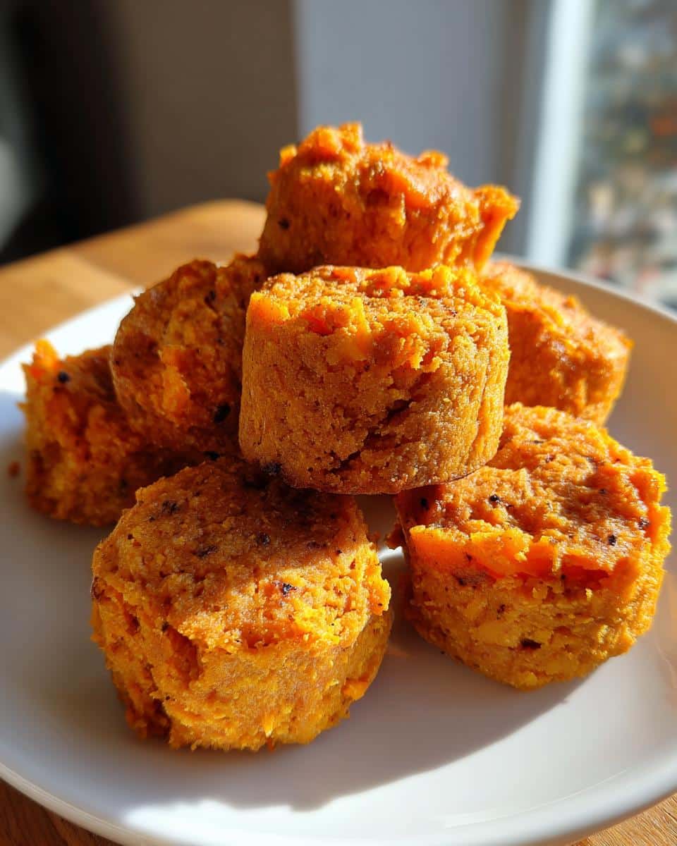 A stack of bright orange, small, round Butternut Squash Dog Treats piled on a white plate.