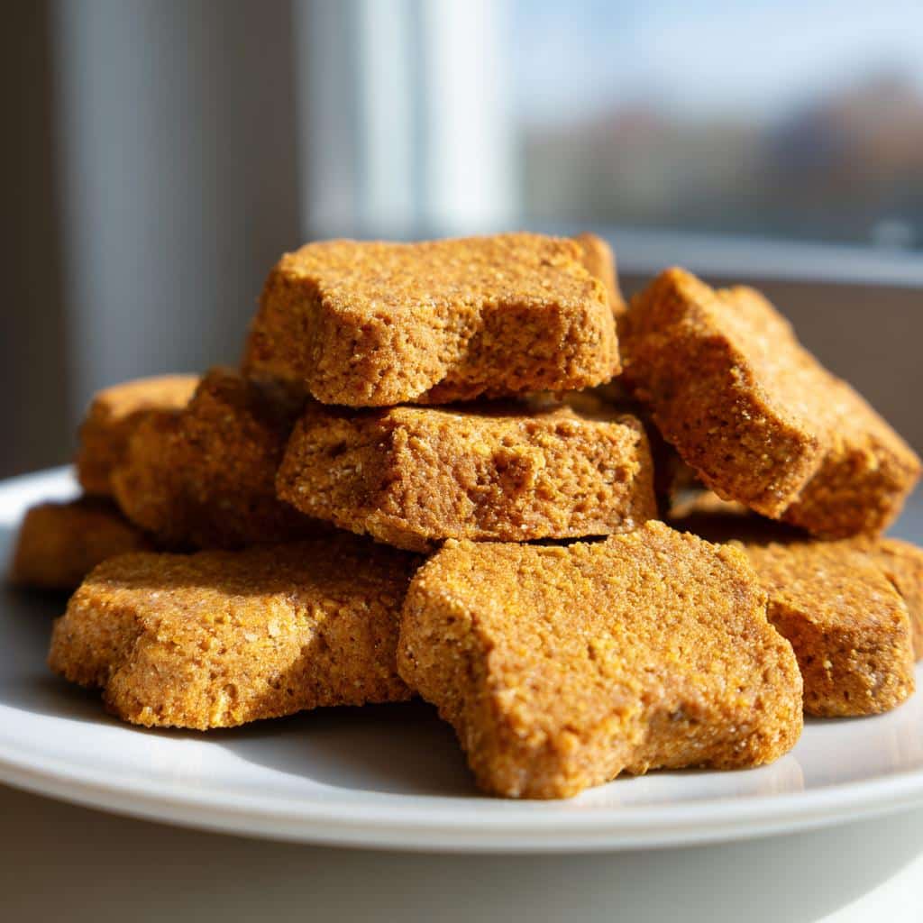A close-up stack of golden brown, star-shaped Butternut Squash Dog Treats resting on a white plate.