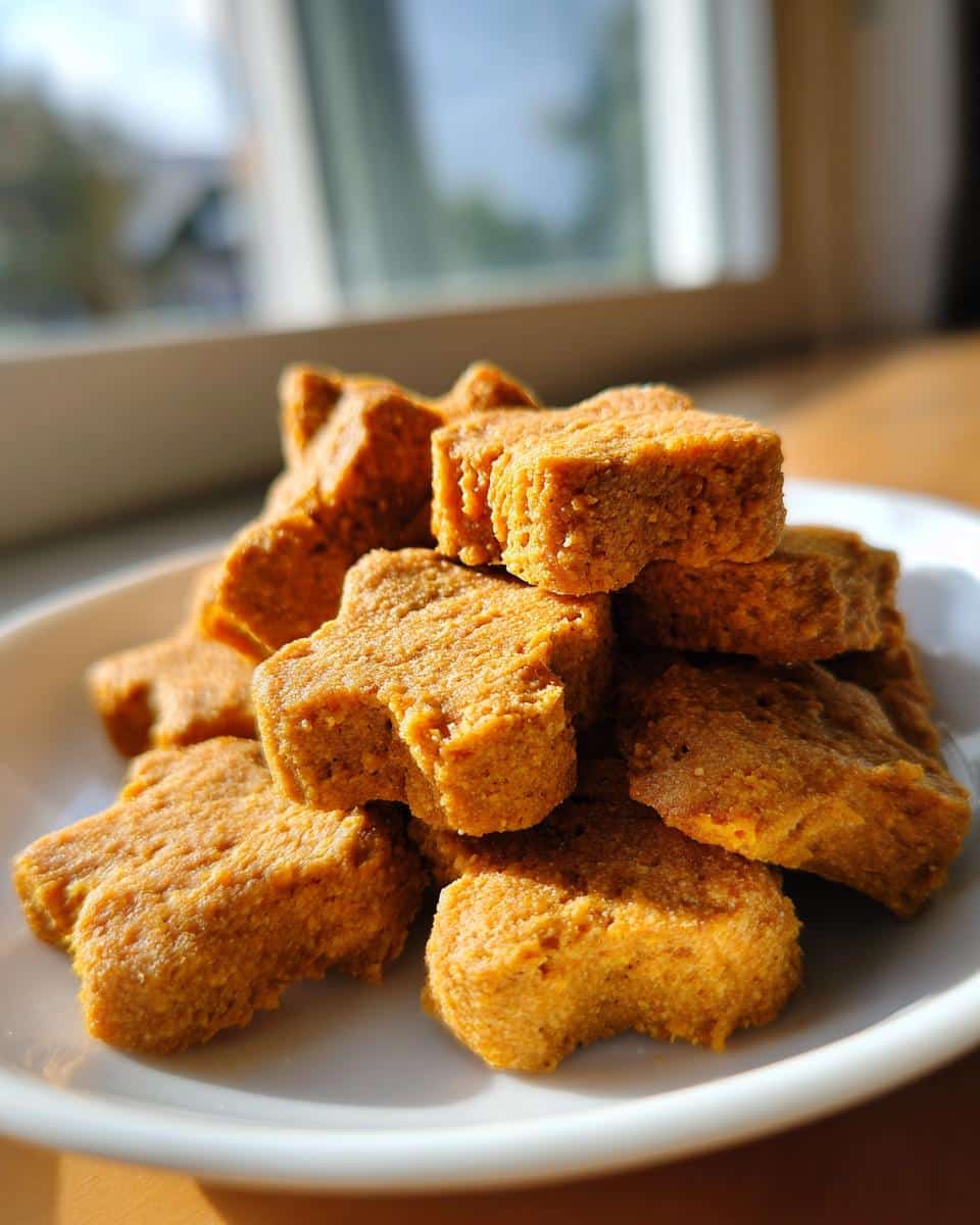 A stack of homemade, star-shaped Butternut Squash Dog Treats on a white plate, brightly lit by a window.