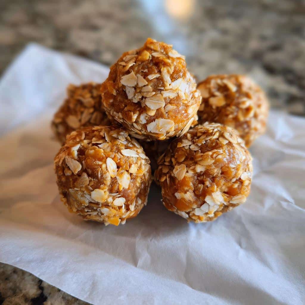 A stack of five Butternut Squash No-Bake Dog Energy Balls coated in rolled oats.