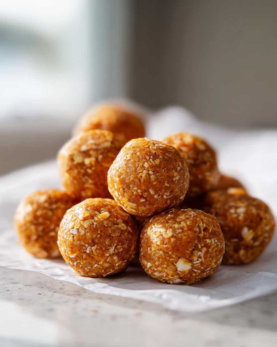 A close-up stack of homemade Butternut Squash No-Bake Dog Energy Balls made with visible oats.