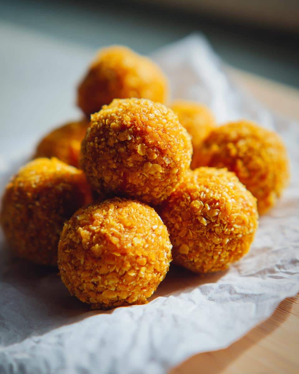 A close-up of several bright orange Butternut Squash No-Bake Dog Energy Balls resting on white parchment paper.