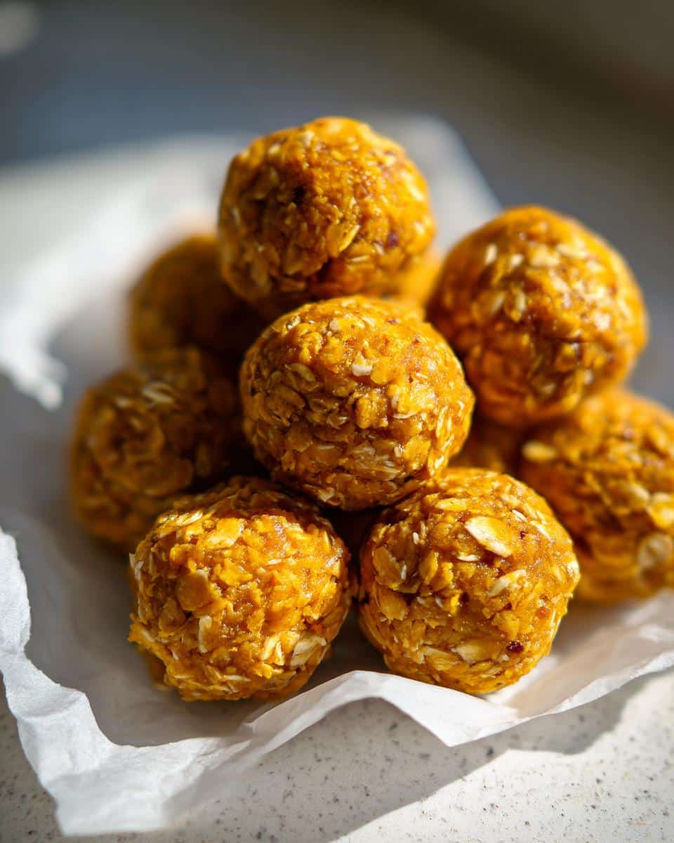 A close-up stack of vibrant orange Butternut Squash No-Bake Dog Energy Balls coated in oats.