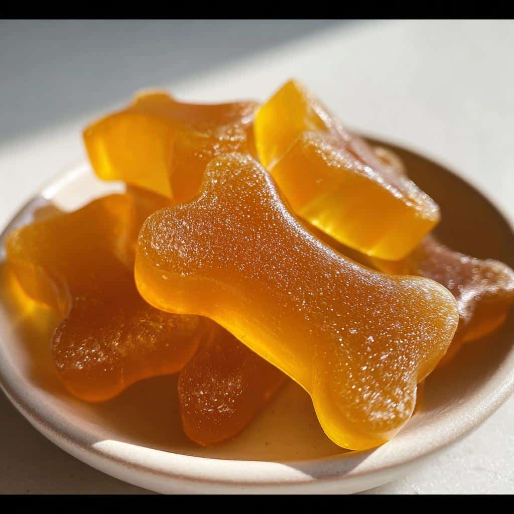Close-up of amber-colored, bone-shaped Calming Chamomile Gelatin Gummy Dog Treats piled on a small dish.