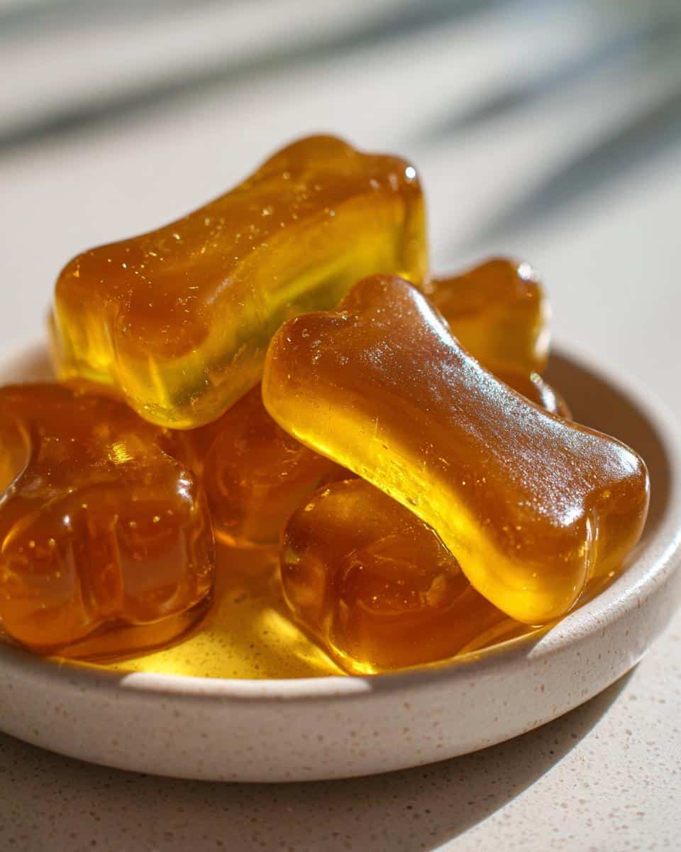 Close-up of amber-colored, bone-shaped Calming Chamomile Gelatin Gummy Dog Treats in a small bowl.