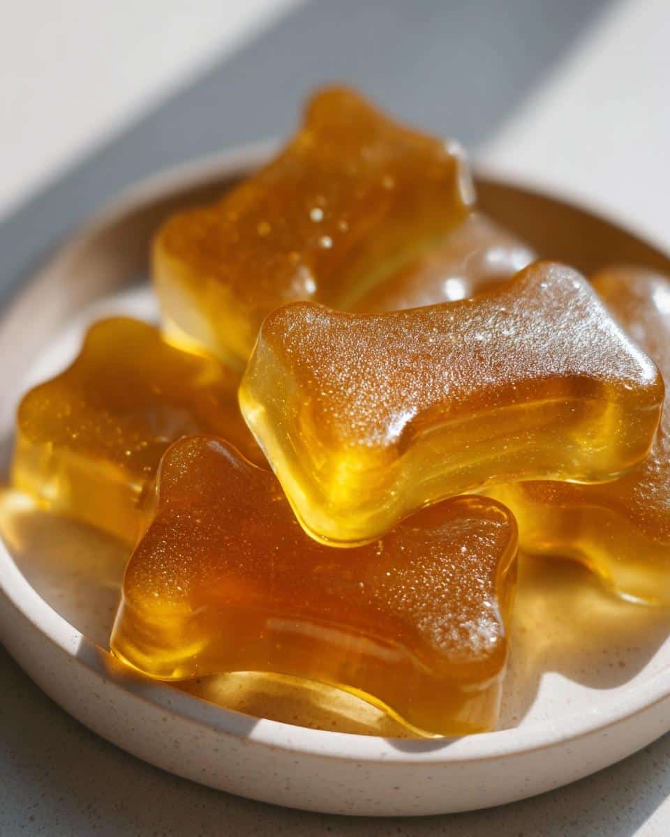 Close-up of amber, bone-shaped Calming Chamomile Gelatin Gummy Dog Treats stacked on a small speckled plate.