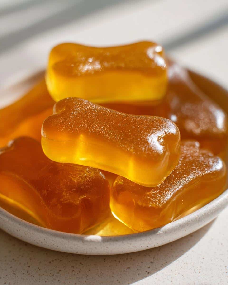 Close-up of amber, bone-shaped Calming Chamomile Gelatin Gummy Dog Treats piled in a small bowl.