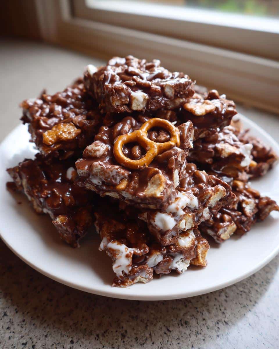 A stack of rich, chocolate-covered Candy Coated Crispix Mix bars, featuring visible marshmallows and pretzels.