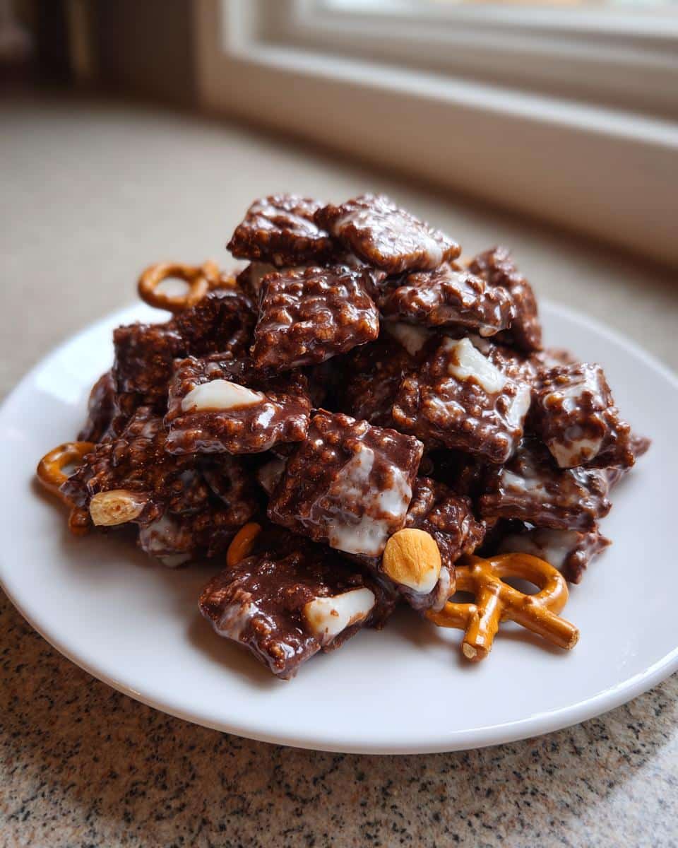 A mound of glossy, chocolate-coated Candy Coated Crispix Mix mixed with white marshmallows and pretzels on a white plate.