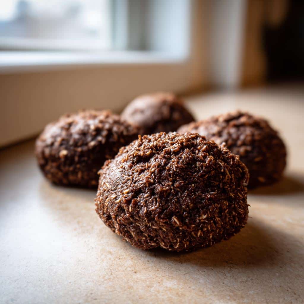 Four dark brown, textured Carob coconut soft dog cookies resting on a light countertop near a window.