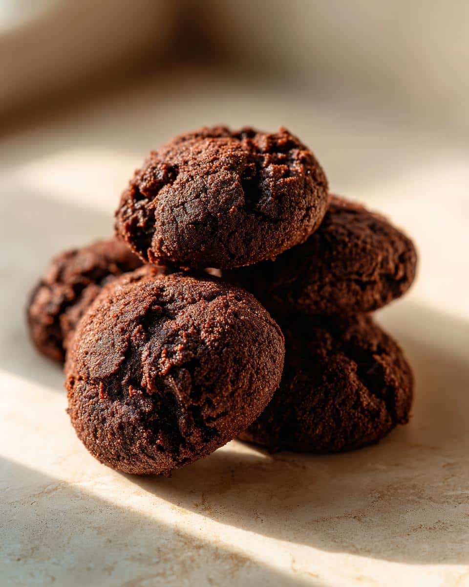 A small pile of dark, rich Carob coconut soft dog cookies illuminated by natural sunlight.