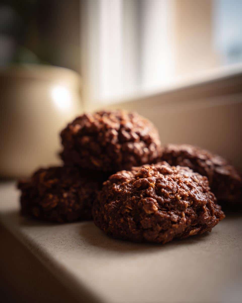 Close-up of several rich, dark brown carob coconut soft dog cookies stacked on a light countertop.