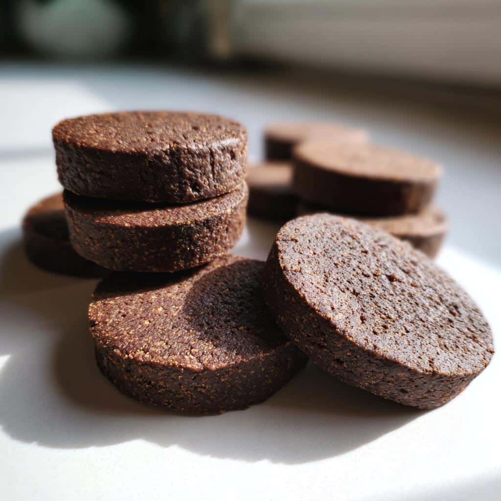Close-up of thick, dark brown Carob & Honey Dog Cookies stacked and scattered on a white surface.