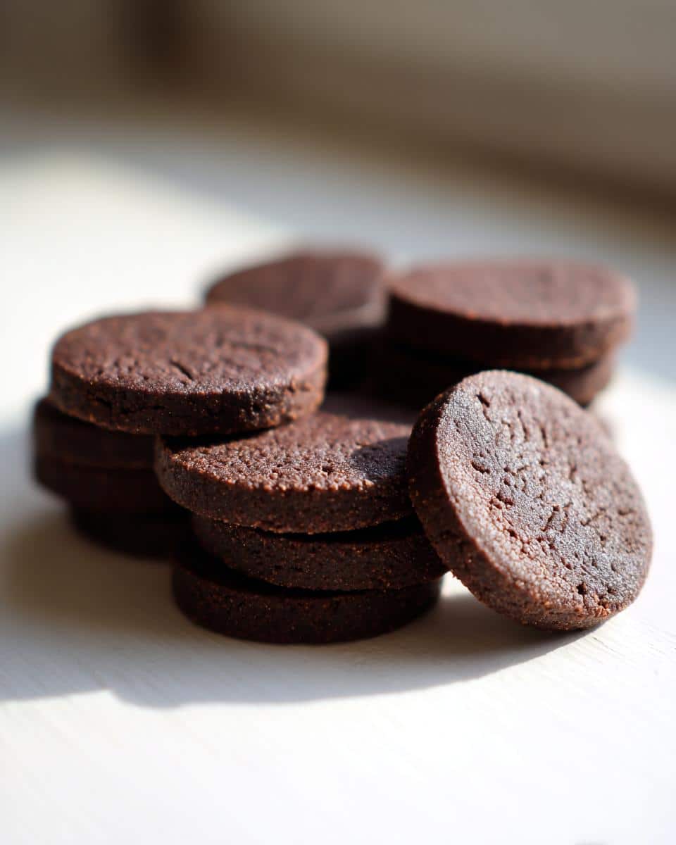 A close-up stack of dark, round Carob & Honey Dog Cookies resting on a light surface.