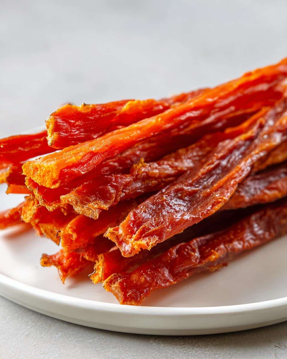 Close-up of dried, orange-red Carrot and Sweet Potato Chews for Dogs stacked on a white plate.