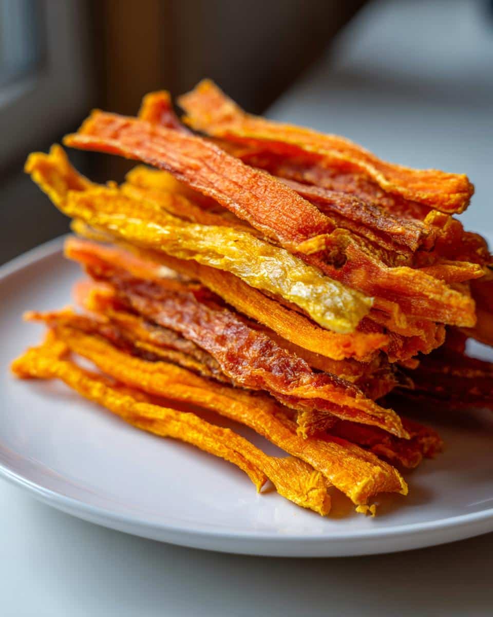 A stack of dehydrated, chewy strips made from carrot and sweet potato for dogs on a white plate.