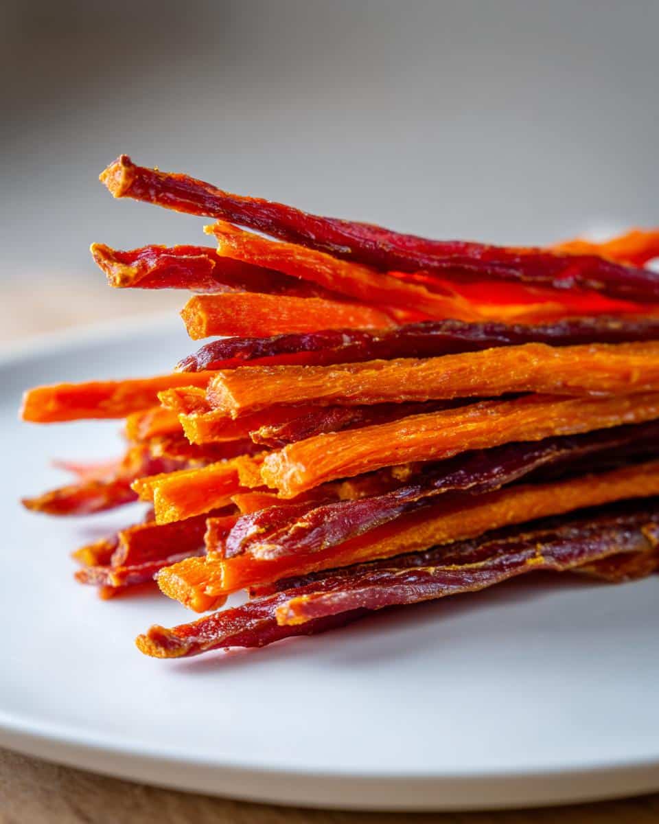 Close-up of dried, stick-shaped Carrot and Sweet Potato Chews for Dogs stacked on a white plate.