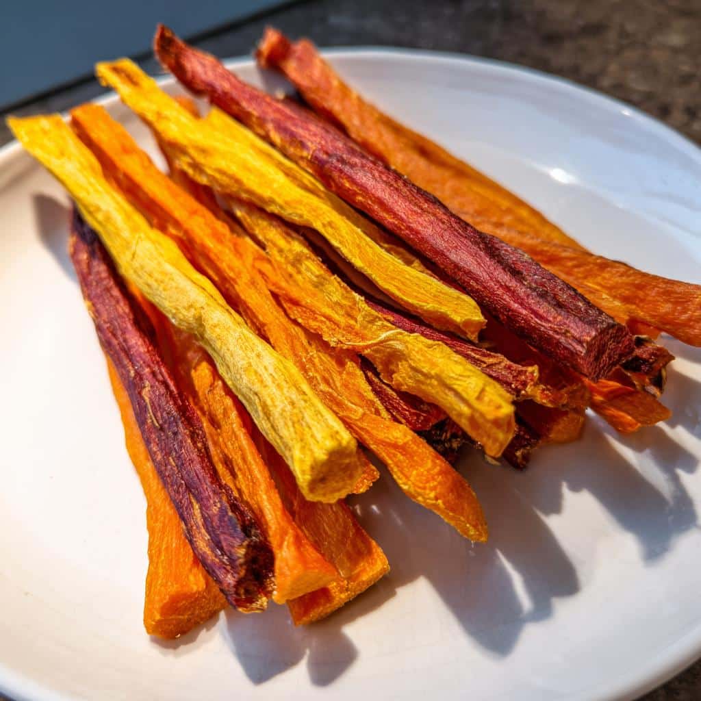 A pile of dehydrated, colorful Carrot and Sweet Potato Chews for Dogs on a white plate.