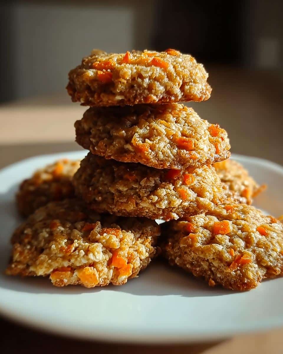 A stack of five homemade Carrot & Apple Crunchy Cookies showing visible oats and bright orange carrot pieces.
