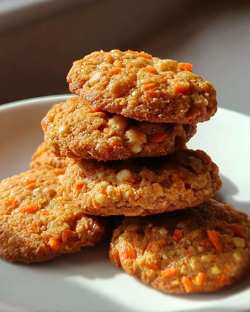 A stack of golden brown Carrot & Apple Crunchy Cookies featuring visible shreds of orange carrot and white apple pieces.