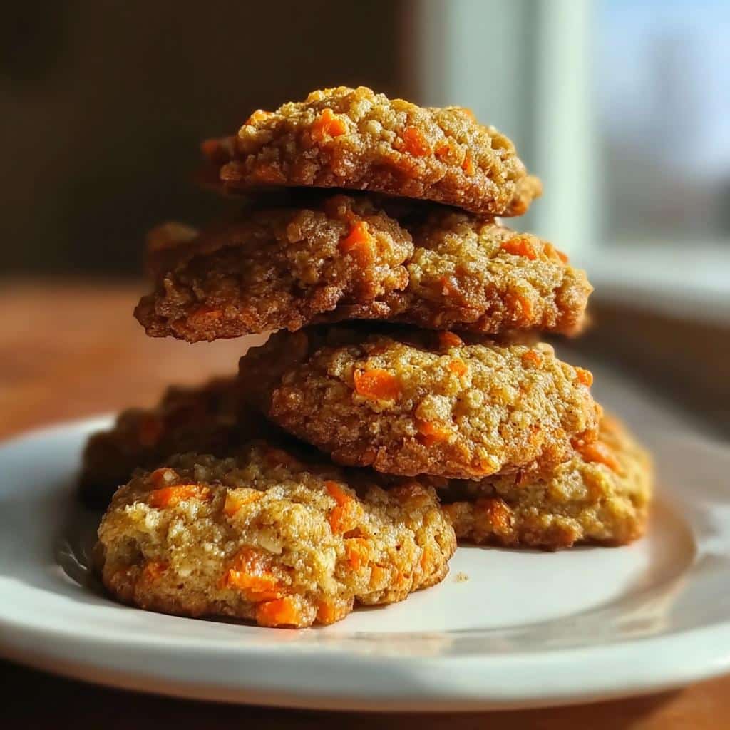 A stack of freshly baked Carrot & Apple Crunchy Cookies with visible orange carrot pieces.