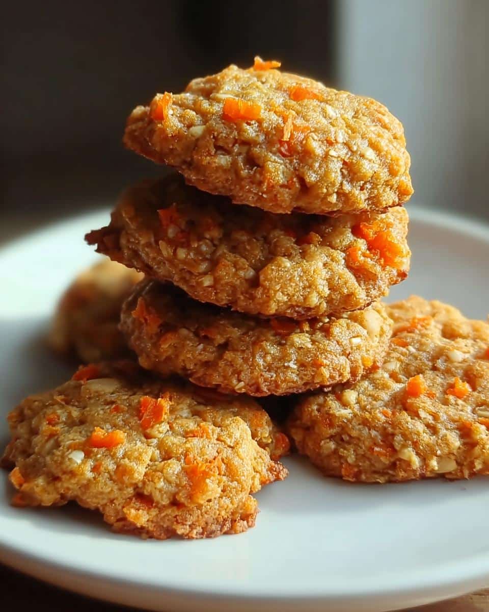 A stack of four golden brown Carrot & Apple Crunchy Cookies featuring visible pieces of bright orange carrot.