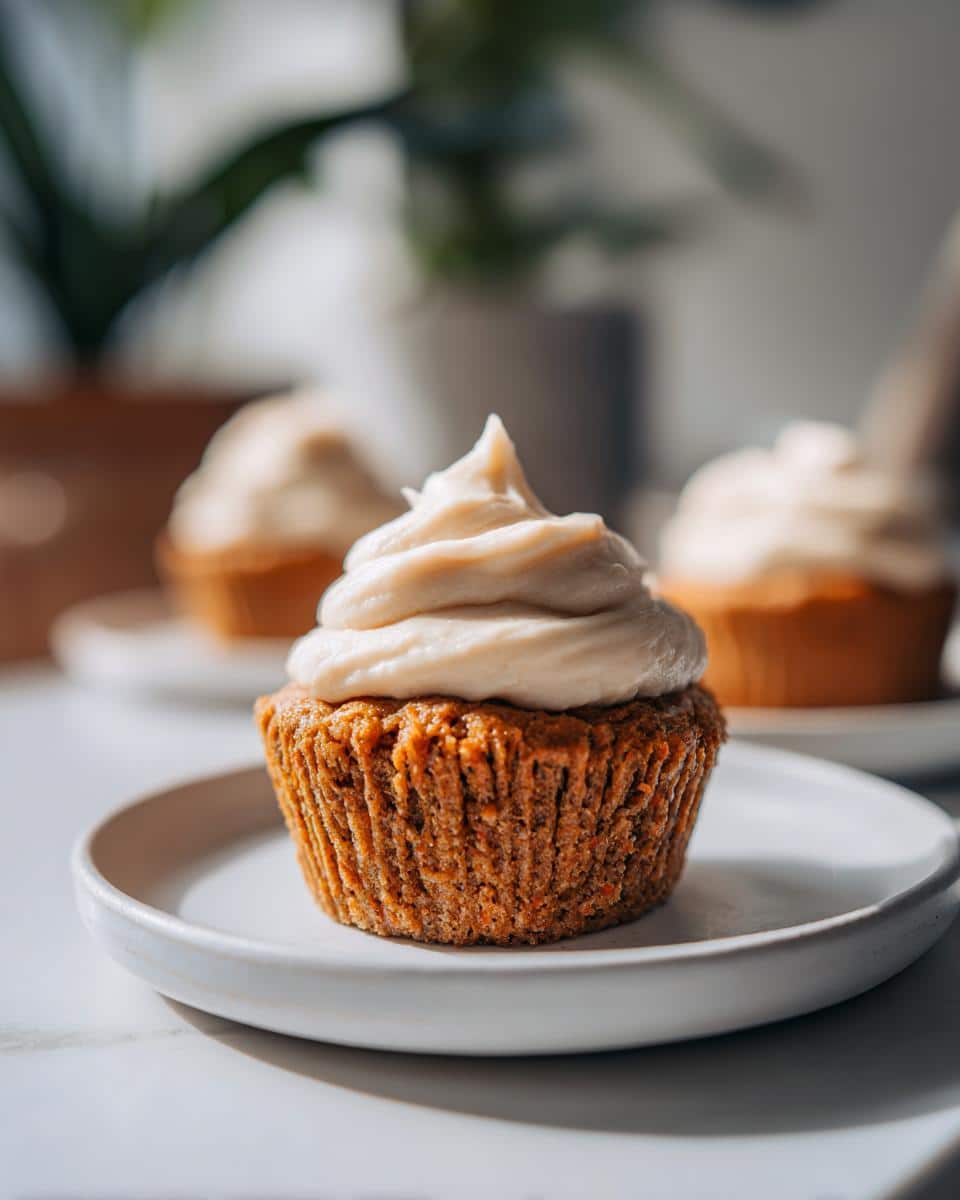 A single Carrot Cake Pupcakes featuring a textured orange base and a swirl of light cream cheese frosting, sitting on a white plate.