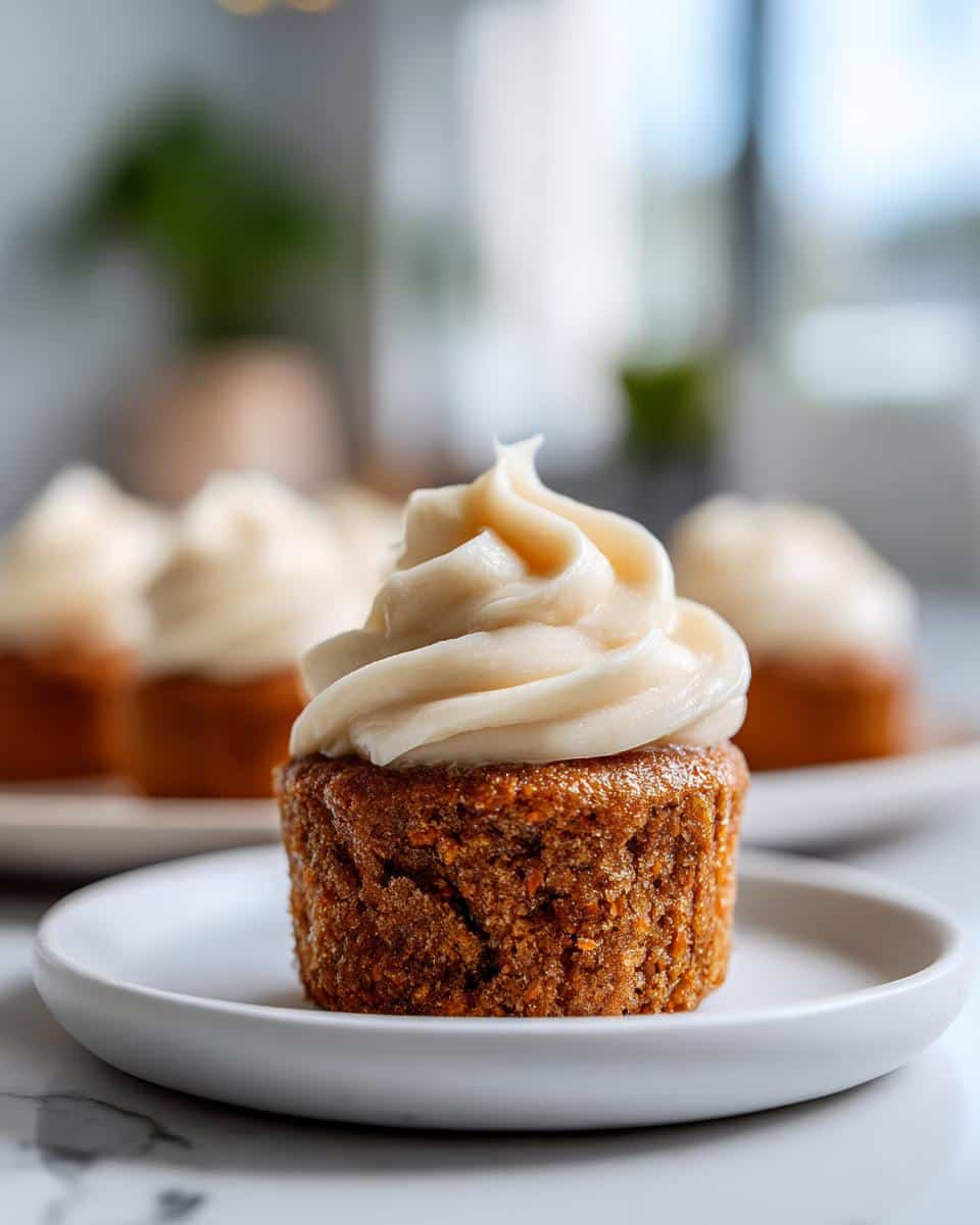 A single Carrot Cake Pupcakes topped with a swirl of creamy white frosting, resting on a small white plate.