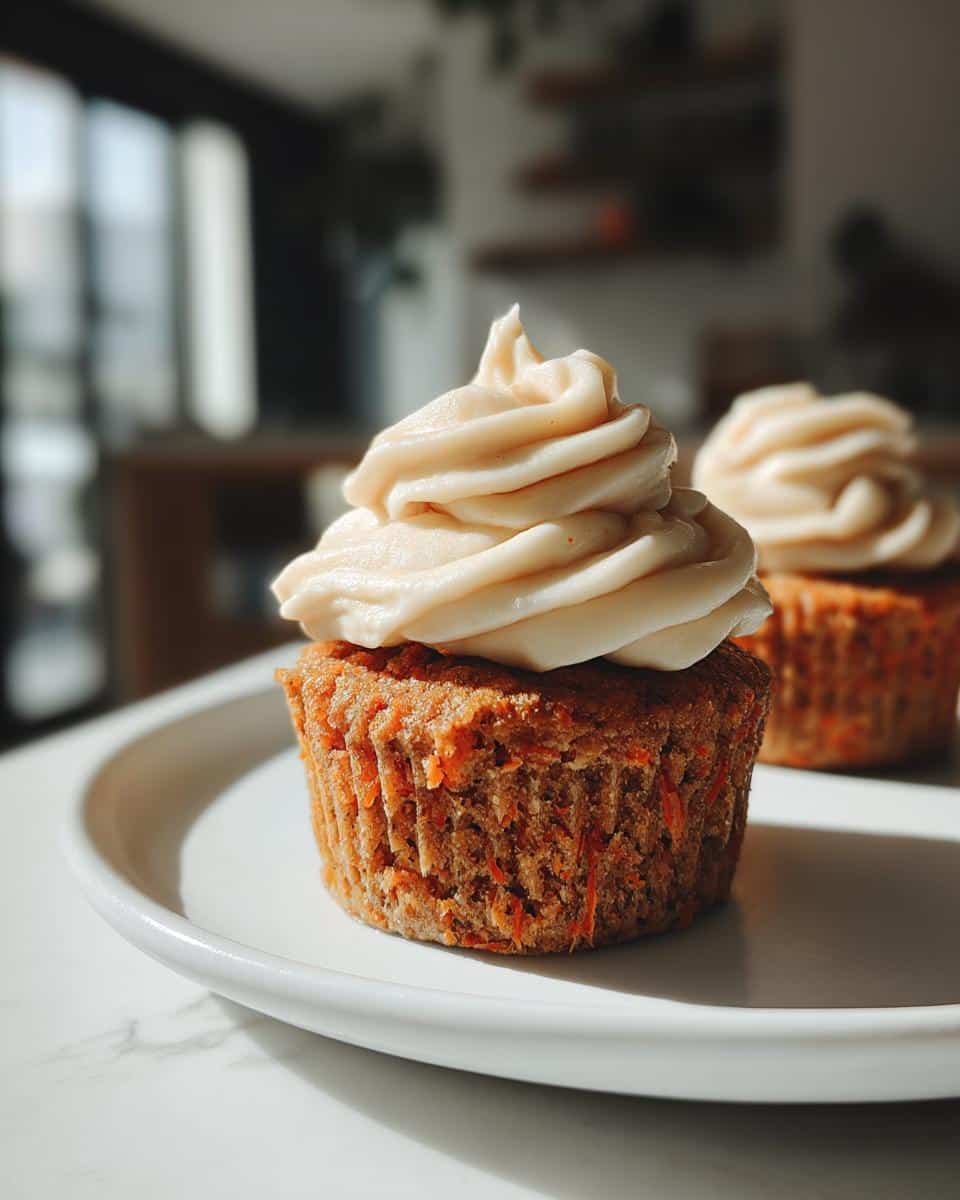 A close-up of a freshly baked Carrot Cake Pupcakes topped with thick, light-colored frosting, sitting on a white plate.
