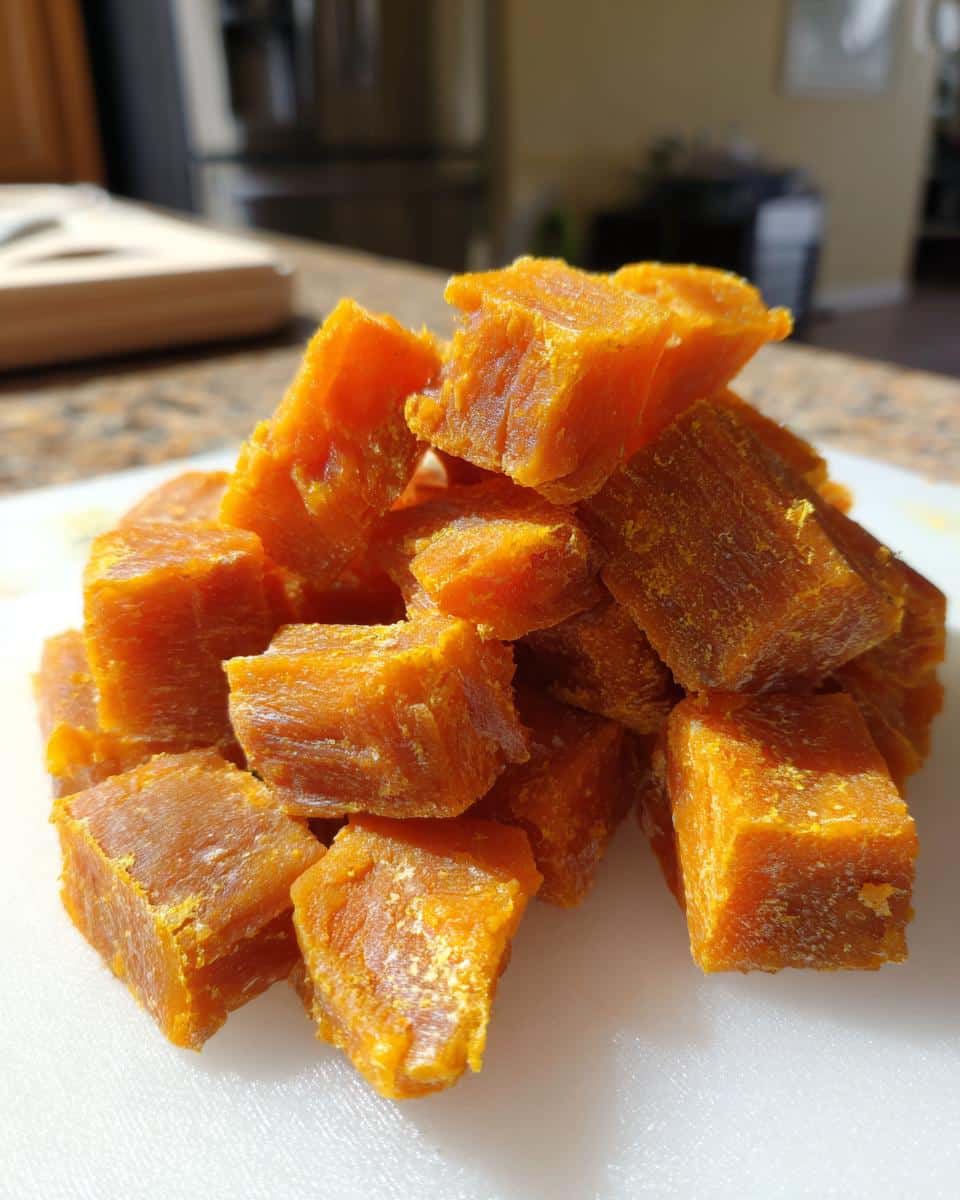 A pile of bright orange, chewy, cubed Carrot Pumpkin Chews Your Dog treats on a white cutting board.