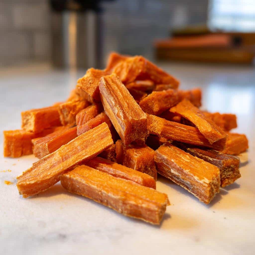 A pile of bright orange, rectangular Carrot Pumpkin Chews Your Dog treats resting on a white marble surface.