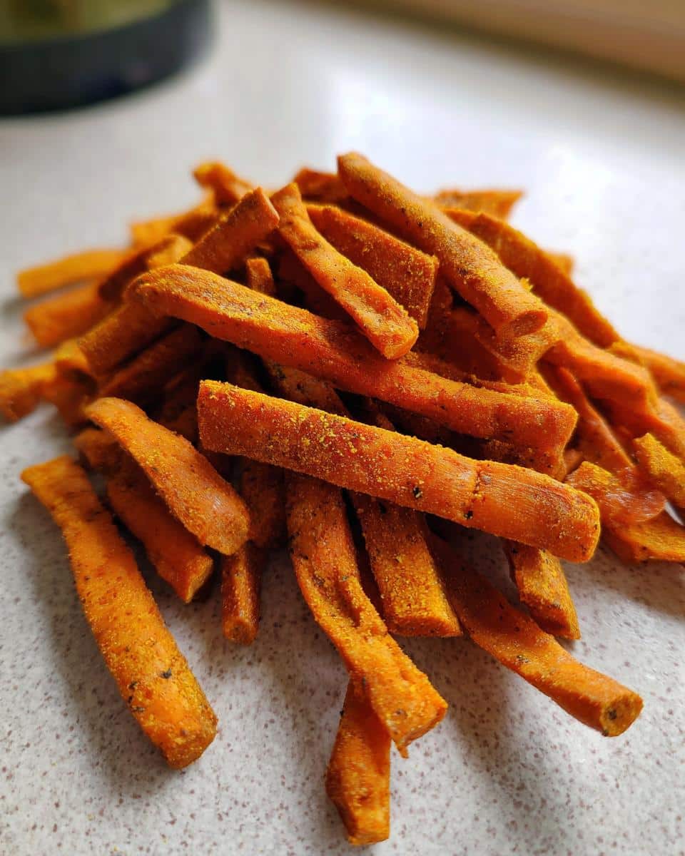 Close-up of a pile of dehydrated Carrot Pumpkin Chews Your Dog treats, dusted with spices.