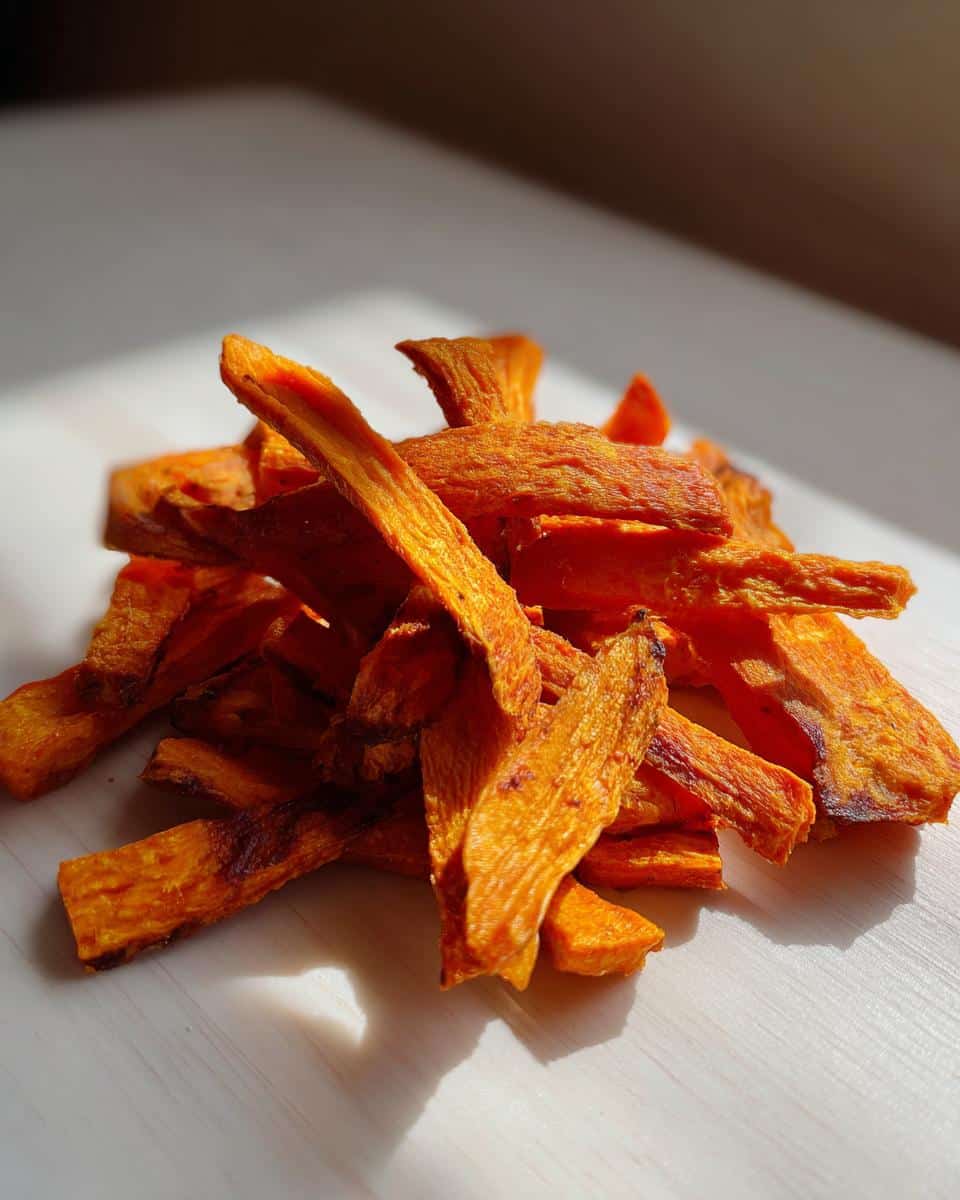 A pile of bright orange, dehydrated Carrot Pumpkin Chews Your Dog treats on a light surface.