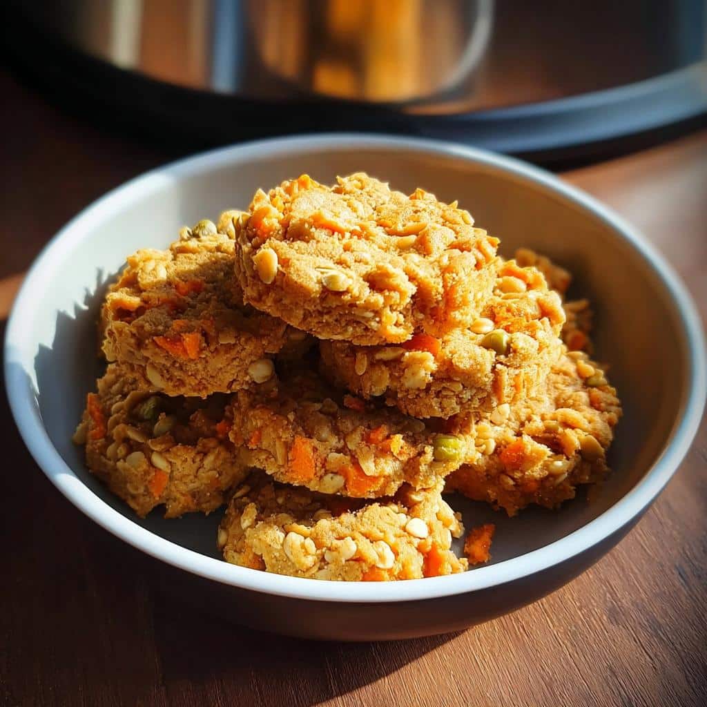 A stack of homemade Carrot Pup Biscuits made with oats and visible seeds, presented in a small bowl.