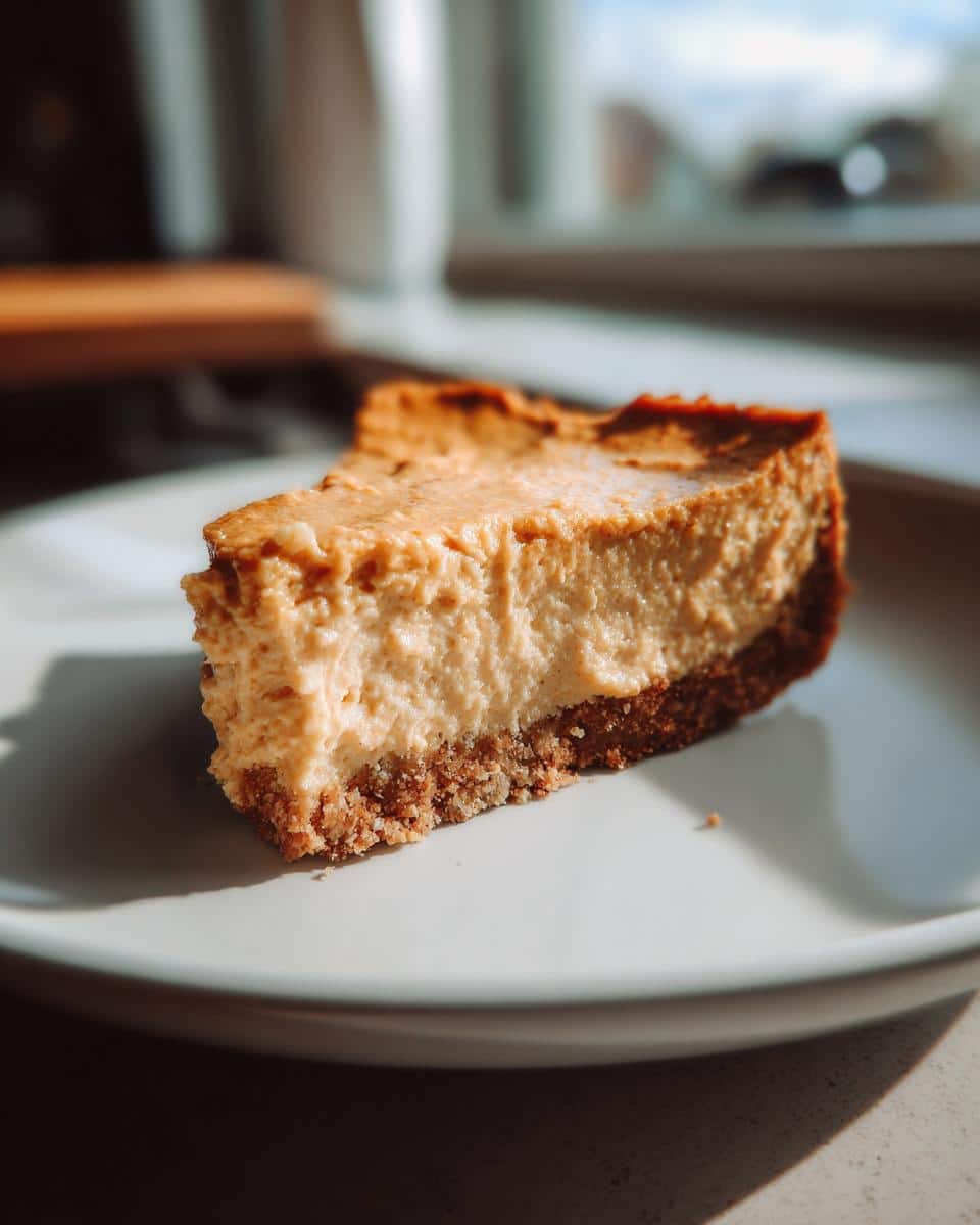 A close-up slice of homemade Cheesecake for Dogs with a thick crust, sitting on a white plate.