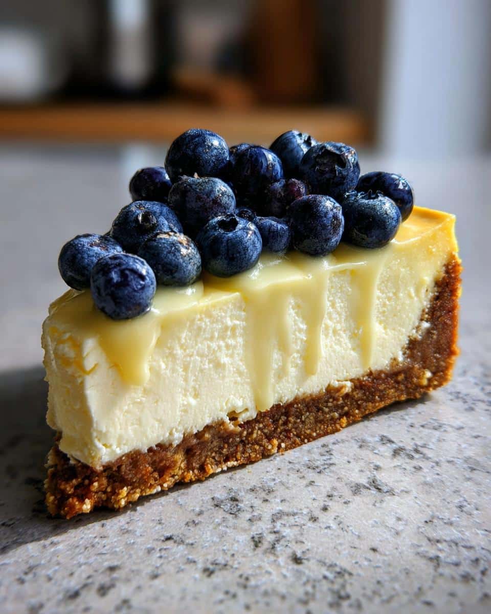 A single slice of creamy cheesecake with a thick crust, topped with fresh blueberries and a light drizzle, inspired by a Cheesecake Recipe for Dogs.