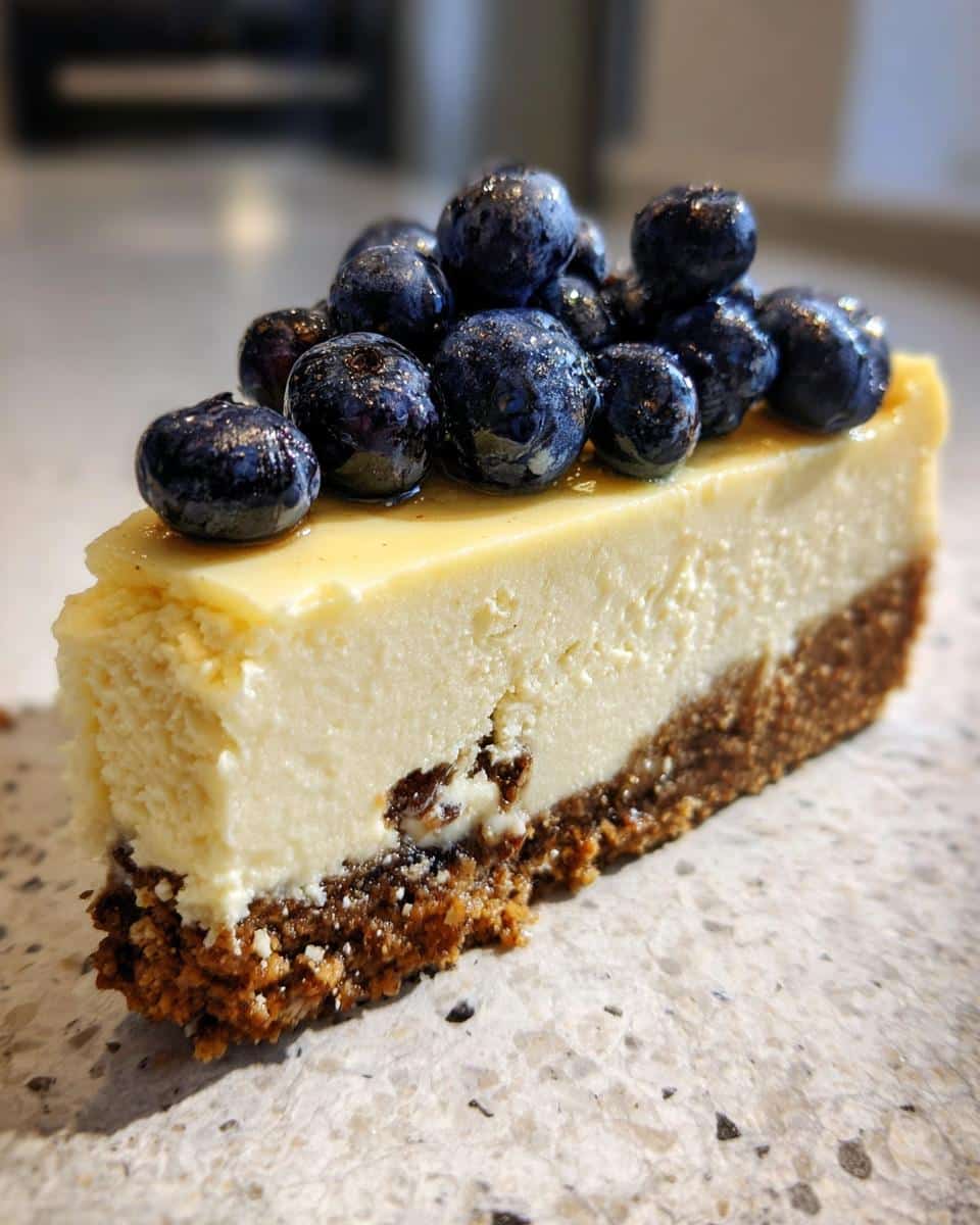 Close-up of a slice of creamy cheesecake for dogs topped with fresh blueberries.