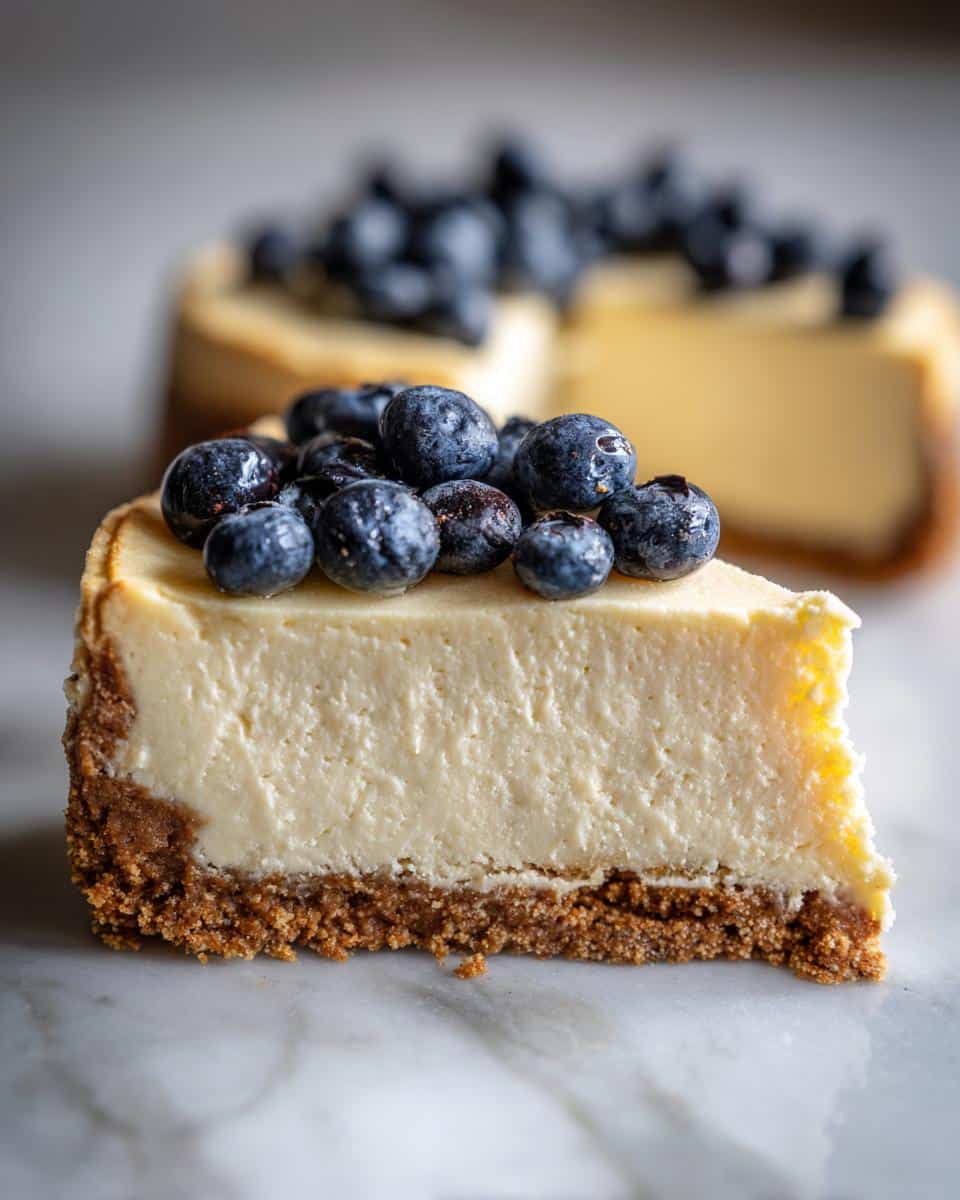 Close-up of a slice of creamy cheesecake with a graham cracker crust topped with fresh blueberries, part of a Cheesecake Recipe for Dogs.