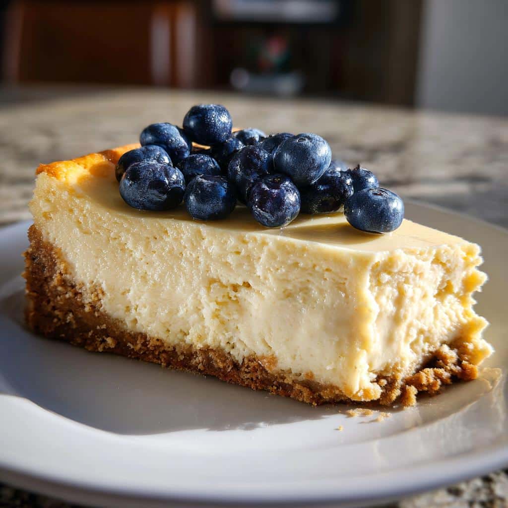 A close-up of a slice of creamy cheesecake with a graham cracker crust, topped generously with fresh blueberries.