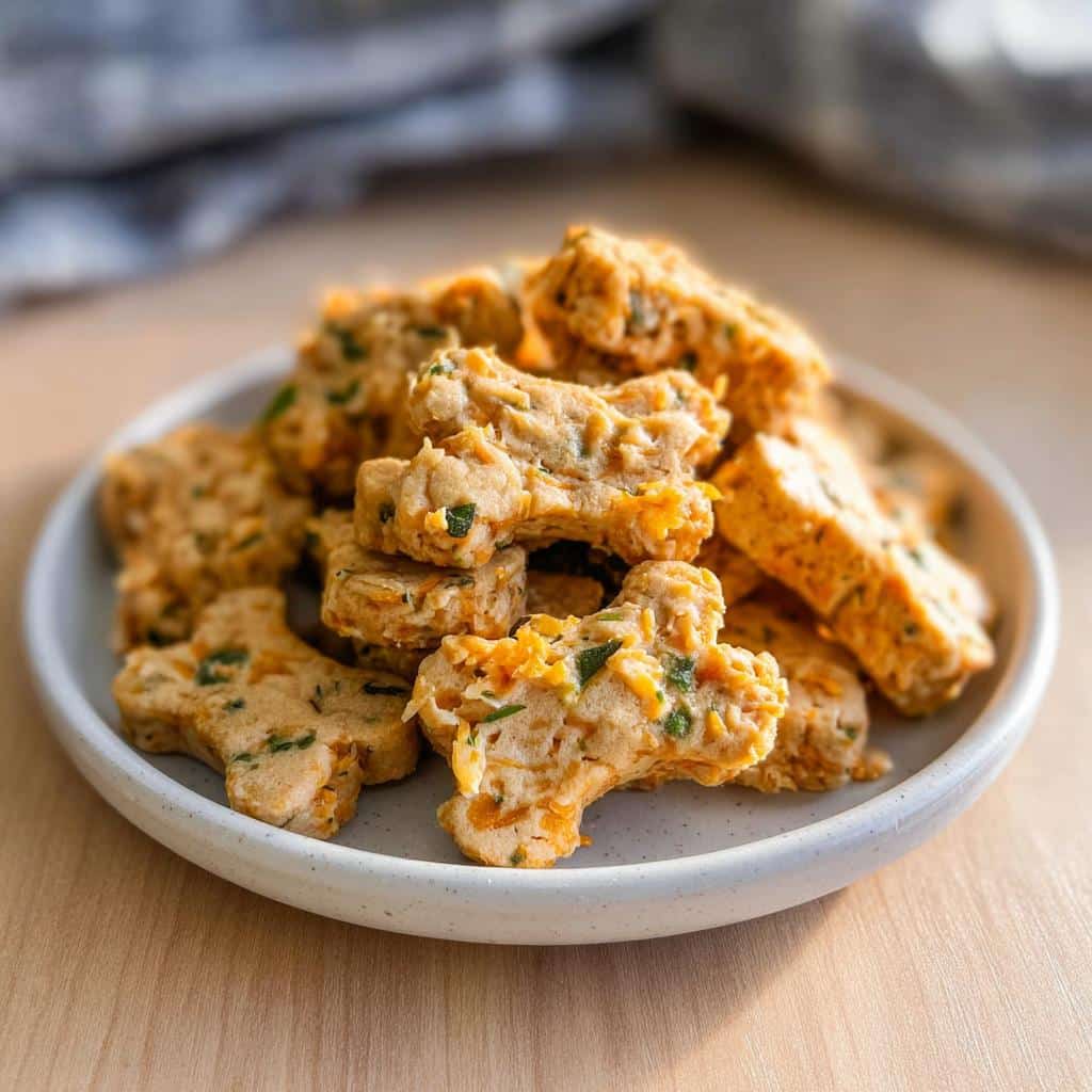 A pile of homemade, bone-shaped Cheesy Herb Baked Dog Treats featuring visible herbs and shredded cheese.