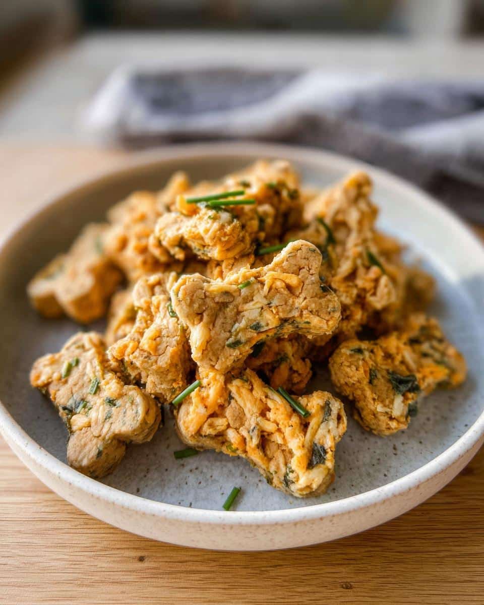 A pile of bone-shaped Cheesy Herb Baked Dog Treats garnished with fresh chives in a light gray bowl.