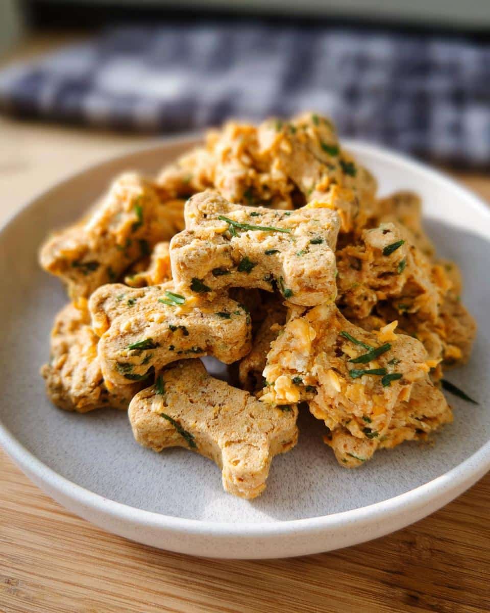 A close-up of bone-shaped Cheesy Herb Baked Dog Treats piled on a light grey plate.