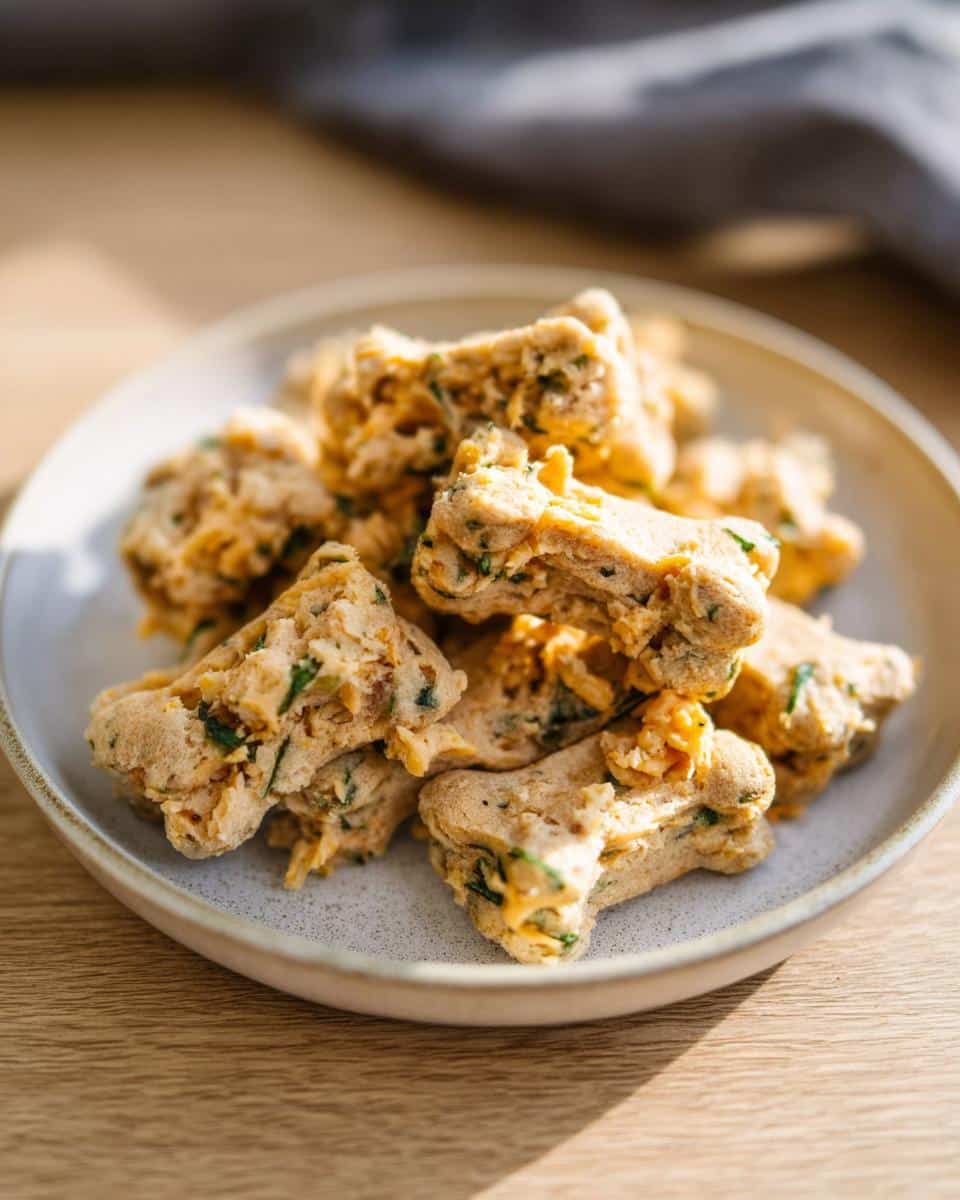 Close-up of several bone-shaped Cheesy Herb Baked Dog Treats piled in a light ceramic bowl on a wooden surface.