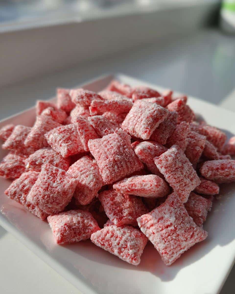A close-up of a white plate piled high with bright pink, powdered Cherry Cheesecake Puppy Chow snack mix.