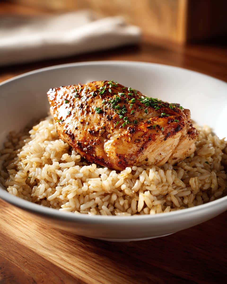 A beautifully seared chicken breast seasoned with spices sits atop a bed of fluffy brown rice in a white bowl.