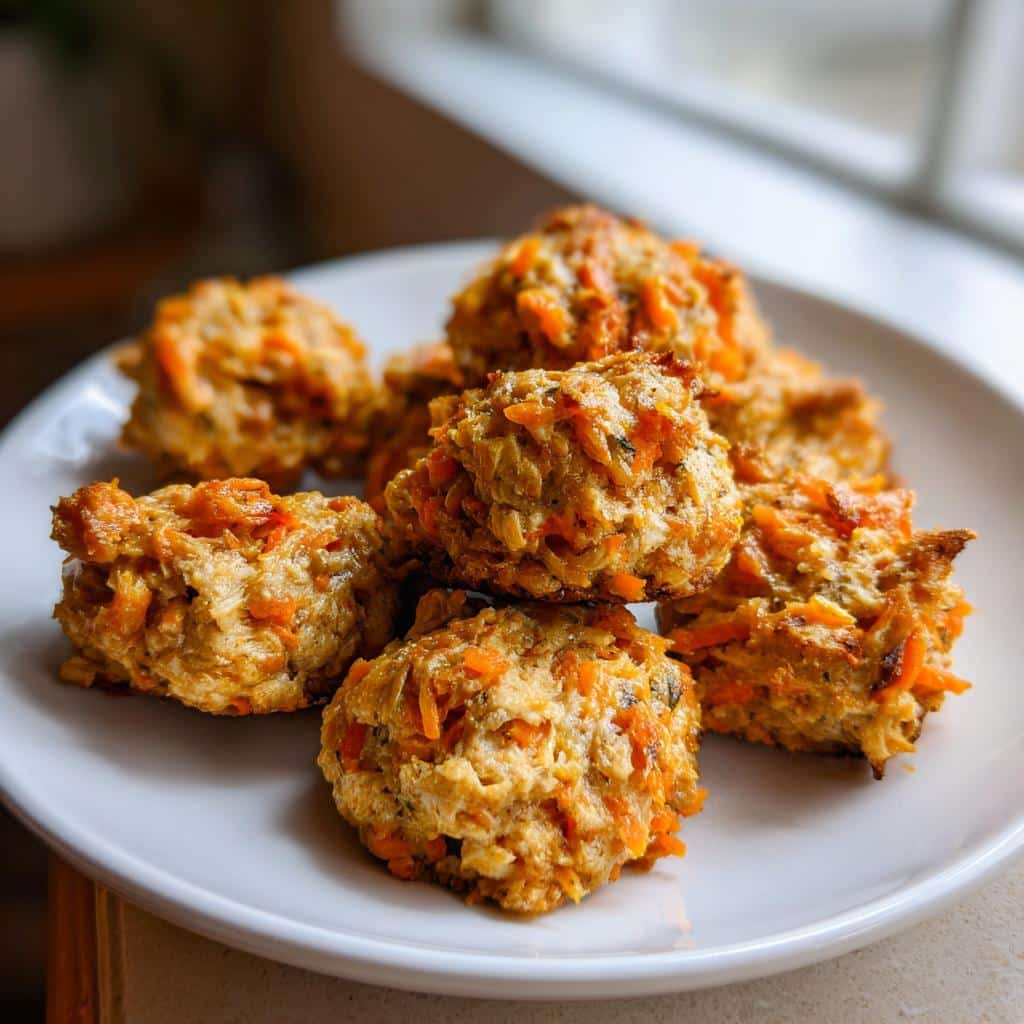 A small pile of golden brown chicken and carrot cookies studded with visible shredded carrots on a white plate.