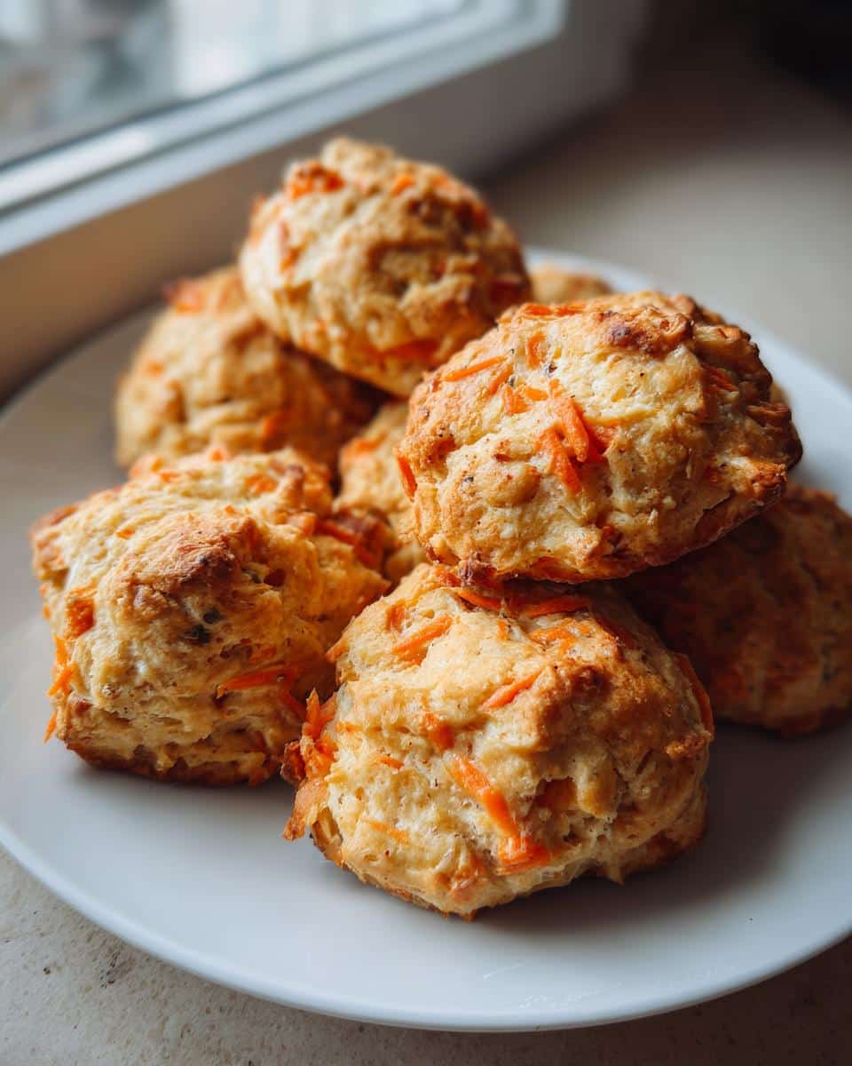 A stack of freshly baked, golden brown chicken and carrot cookies with visible shredded carrots on a white plate.